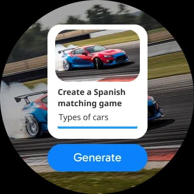 A UI prompt card reading 'Create a Spanish matching game – Types of cars' with a Generate button, overlaid on a photo of a race car on a track, showing a custom activity creation tool